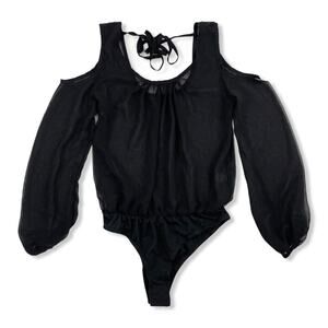 Love Culture Black Chiffon Sheer Bodysuit Cold Shoulder Back Tie Thong Size S